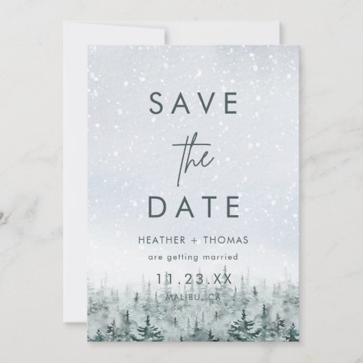 Moderne Winter Bos Bruiloft Save the Date (Voorkant)