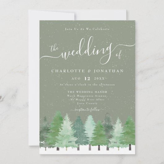 Moderne Winter Bos Bruingroene Huwelijks QR Code Kaart (Voorkant)