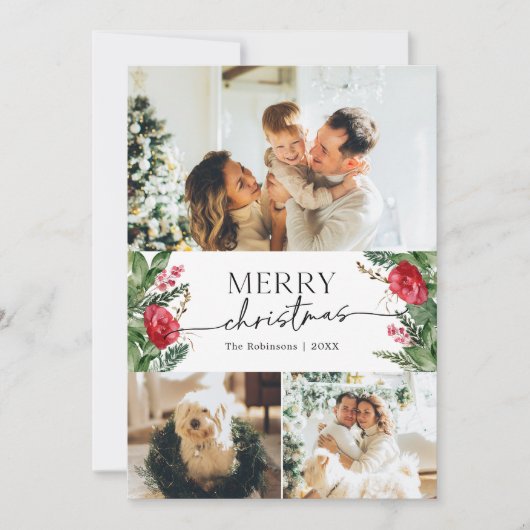 Moderne Winter Botanische 3 foto Vrolijk Kerstfees Feestdagenkaart (Voorkant)