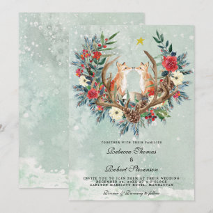 Moderne winter bruiloft rode bessen bloemen vossen kaart