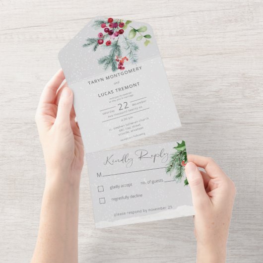 Moderne winter dennenbessen & sneeuwgrijs geen din all in one uitnodiging (Afscheurbaar)