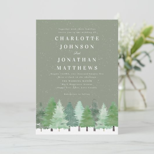 Moderne Winter Forest QR Code Sage Green Wedding Kaart (Staand voorkant)