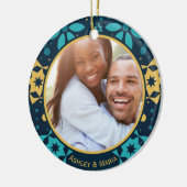 Moderne Winter Pattern Blue Kerstfoto Keramisch Ornament (Links)