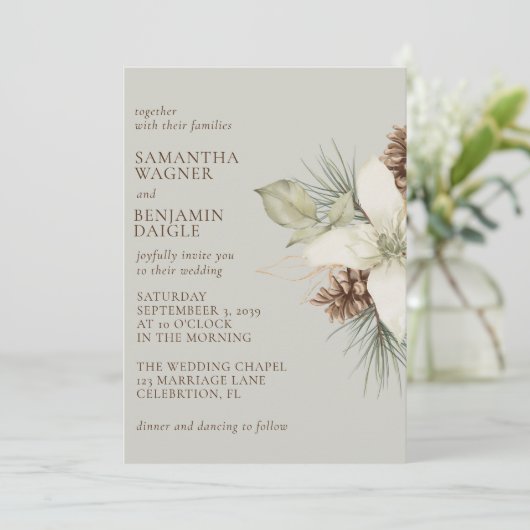 Moderne Winter Pine Beige Elegante bruiloft Kaart (Staand voorkant)