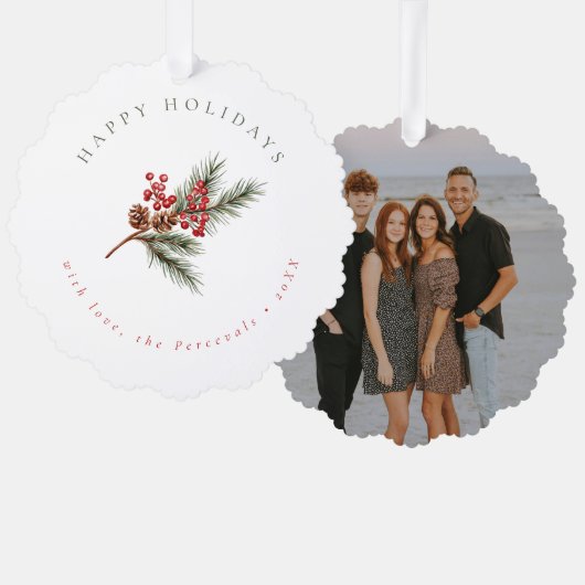 Moderne Winter Pine Branch & Berries Foto Ornament Kaart (Voorkant / Achterkant)