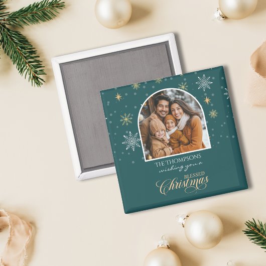 Moderne Winter Sneeuwvlokken Foto Groene Kerstmis Magneet