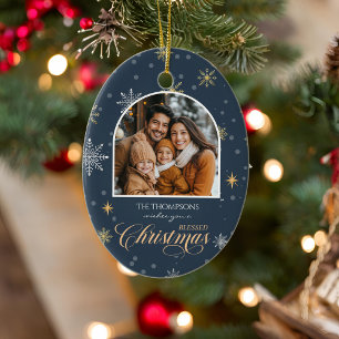 Moderne Winter Sneeuwvlokken Foto Marine Blauwe Ke Keramisch Ornament