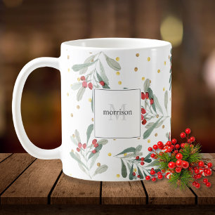 Moderne Winter Vakantie Botanicals Goud Monogram Koffiemok
