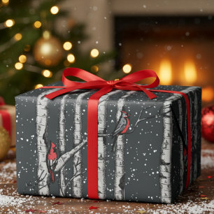 Moderne Winter Zwarte Kardinaal Besneeuwde Berkenb Cadeaupapier