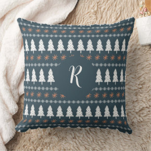 Moderne winterkerstboompatroonmonogram grijs kussen