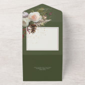 Moderne Winterrozen & Rode Bessen Groen QR-code All In One Uitnodiging (Buitenkant)