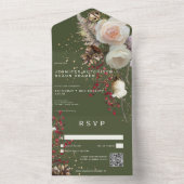 Moderne Winterrozen & Rode Bessen Groen QR-code All In One Uitnodiging (Binnen)