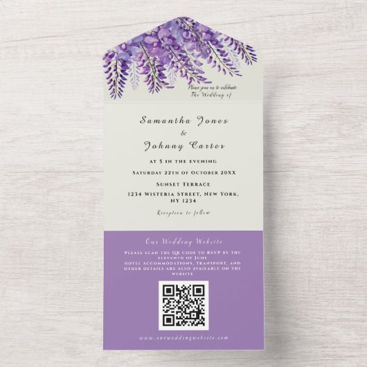 Moderne Wisteria Waterverf Paarse QR Code Huwelijk All In One Uitnodiging (Binnen)