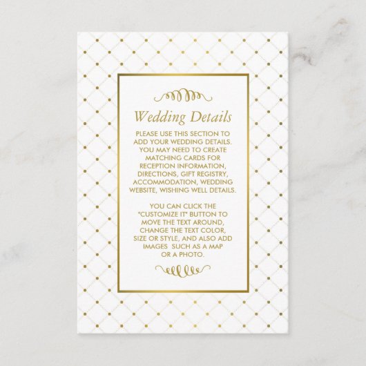Moderne Wit & Gouden Folie Effect Bruiloft Details Informatiekaartje (Voorkant)