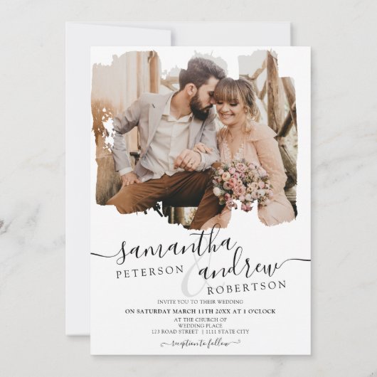 Moderne witpenseelscript 2 foto's bruiloft kaart (Achterkant)