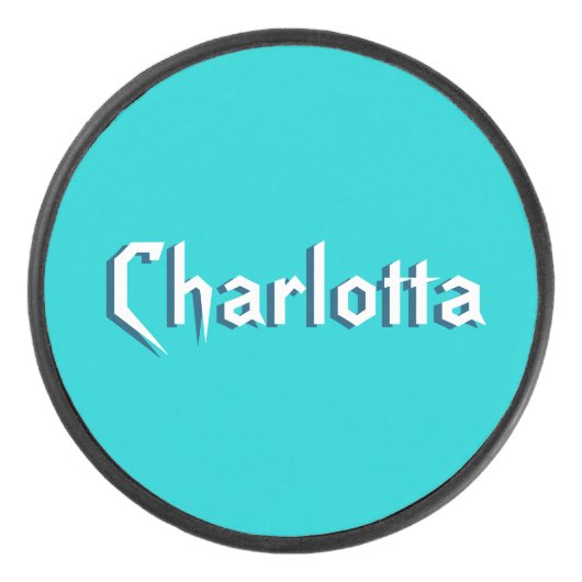 Moderne Witte 3D Aangepaste Naam | Turquoise blauw Hockey Puck (Voorkant)