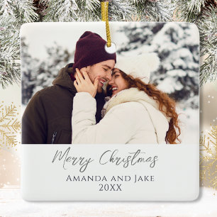 Moderne witte aangepaste vrolijke kerstfoto keramisch ornament