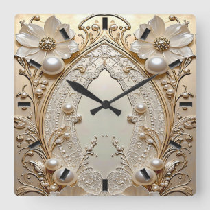 Moderne Witte Bloemen Parels Wandklok Vierkante Klok