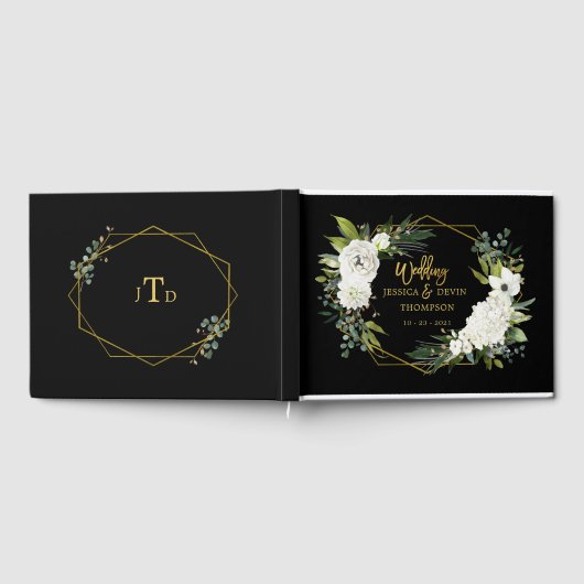 Moderne Witte Bloemen Zwart Goud Lijst Bruiloft Gastenboek (Volledig)