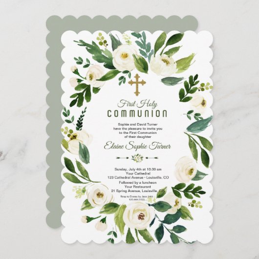 Moderne witte bloemenkrans Eerste Heilige Communie Kaart (Voorkant / Achterkant)