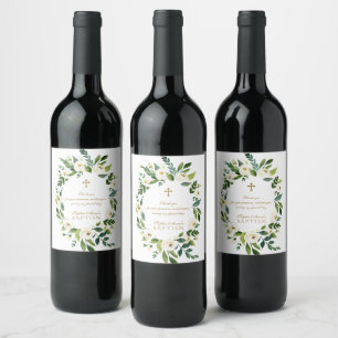 Moderne witte bloemenkrans van pioenrozen Doop Wijn Etiket