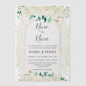 Moderne witte bloementuin Spaans geslacht onthulle Vellum Uitnodigingen (Voorkant)