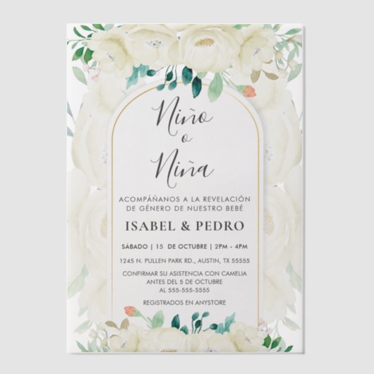 Moderne witte bloementuin Spaans geslacht onthulle Vellum Uitnodigingen (Voorkant)