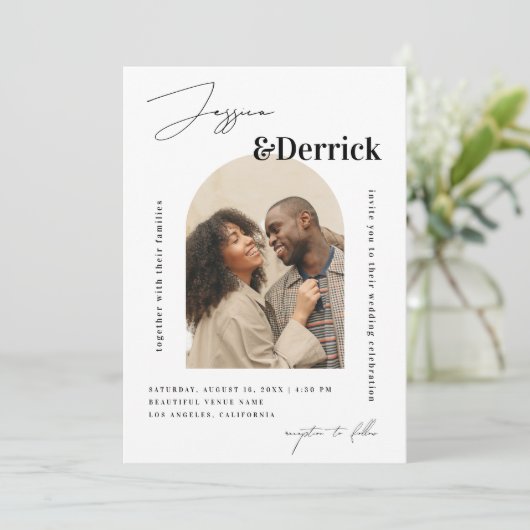 Moderne witte boog 2 foto's minimale QR-code bruil Kaart (Staand voorkant)