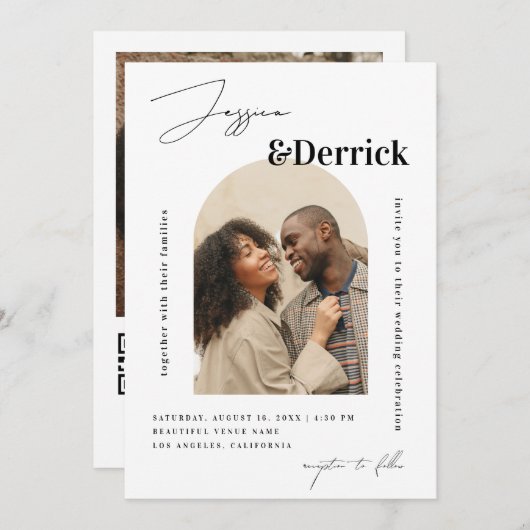 Moderne witte boog 2 foto's minimale QR-code bruil Kaart (Voorkant / Achterkant)