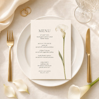 Moderne witte Calla-lelie Minimalistische trouwmen Menu