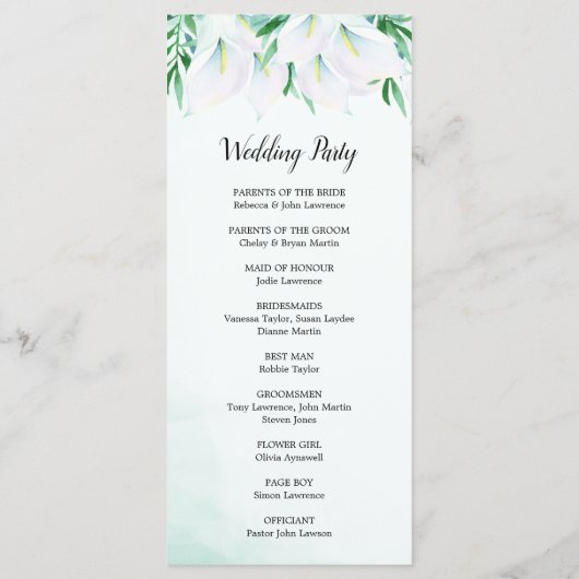 Moderne witte Calla Lily Floral bruiloft ceremonie Programma (Achterkant)