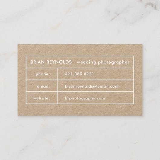 Moderne witte elegante border fotograaf kraft visitekaartje (Achterkant)
