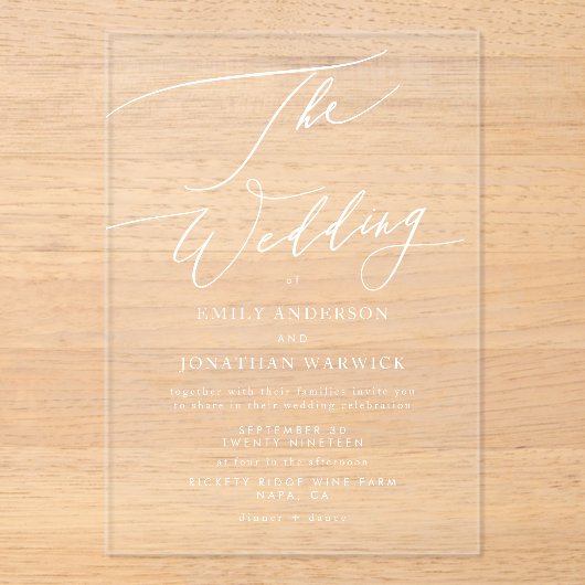 Moderne witte elegante bruiloft acryl uitnodigingen (Voorkant)