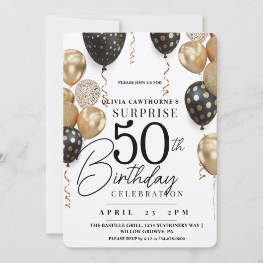 Moderne Witte en gouden zwarte ballon 50e verjaard Kaart (Voorkant)