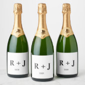 Moderne Witte en Zwarte Monogram Bruiloft Sparkling Wijnetiket (Flessen)