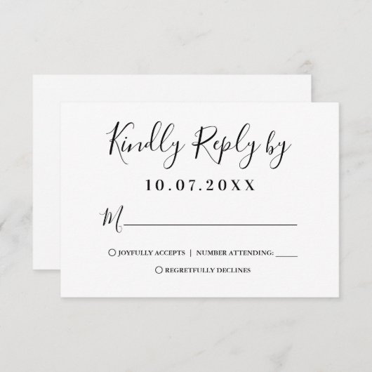 Moderne, witte en zwarte-Script-antwoordkaart RSVP Kaartje (Voorkant / Achterkant)