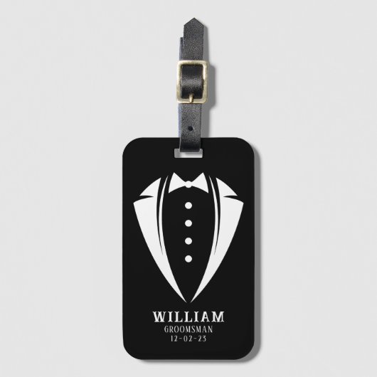Moderne Witte en zwarte Tuxedo Groomsman Gift Bagagelabel (Voorkant (verticaal))