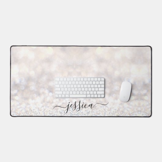 Moderne witte glitter scriptnaam bureaumat (Keyboard & Muis)