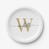 Moderne witte gouden aangepaste monogram naam scri papieren bordje (Voorkant)