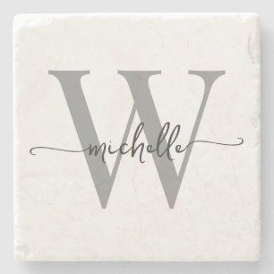 Moderne Witte Grijze Aangepaste Monogram Naam Scri Stenen Onderzetter