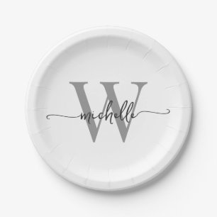 Moderne Witte Grijze Aangepaste Monogramnaam Schri Papieren Bordje