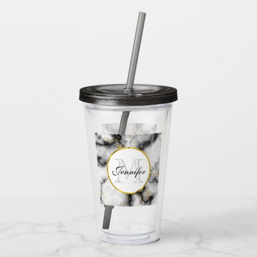 Moderne witte grijze marmer met Gold Ribbon Monogr Acryl Drinkbeker (Achterkant)