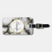 Moderne witte grijze marmer met Gold Ribbon Monogr Bagagelabel (Voorkant horizontaal)