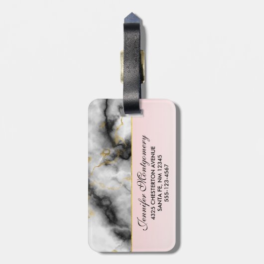 Moderne witte grijze marmer met Gold Ribbon Monogr Bagagelabel (Achterkant verticaal)