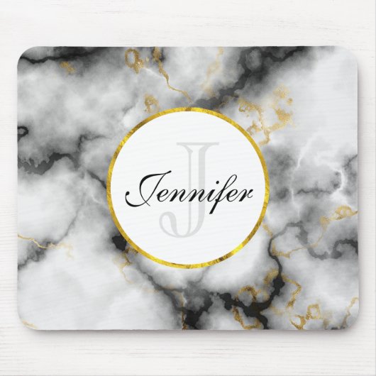 Moderne witte grijze marmer met Gold Ribbon Monogr Muismat (Voorkant)