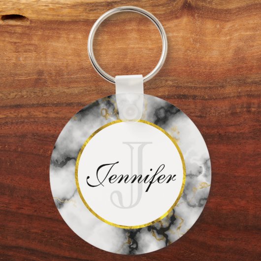 Moderne witte grijze marmer met Gold Ribbon Monogr Sleutelhanger (Achterkant)