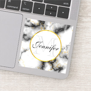 Moderne witte grijze marmer met Gold Ribbon Monogr Sticker