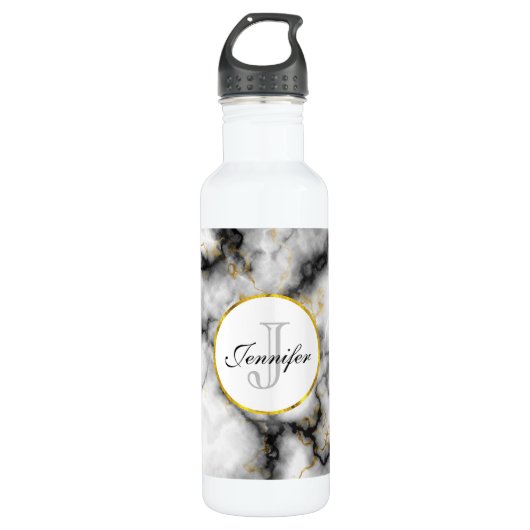 Moderne witte grijze marmer met Gold Ribbon Monogr Waterfles (Voorkant)