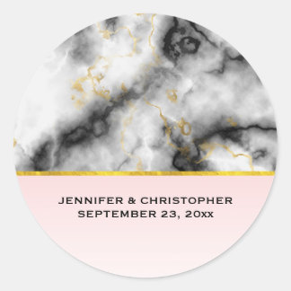 Moderne witte grijze marmer met Gold Ribbon Weddin Ronde Sticker