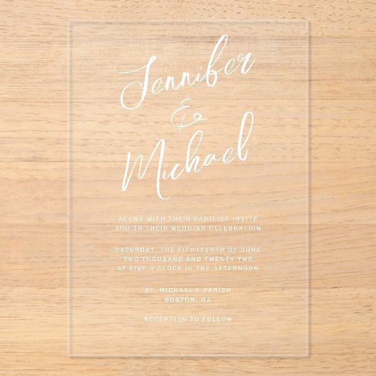 Moderne Witte Hand Geletterde Script Wedding Acryl Uitnodigingen (Voorkant)